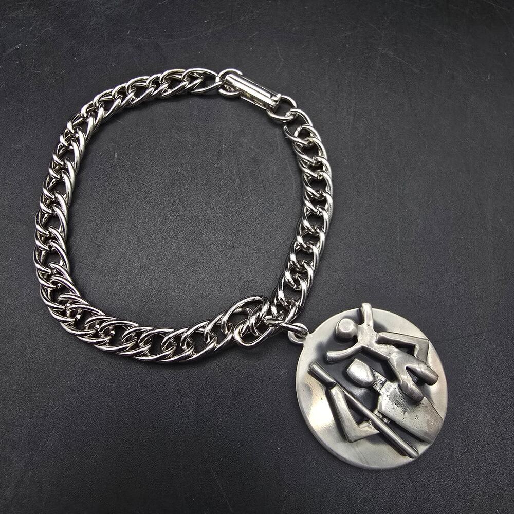 Vintage Tribal Scene Charm Bracelet Silver Tone Father Son Warrior